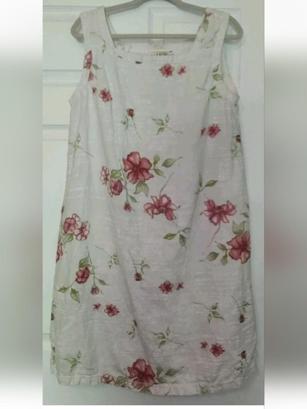 Garron Vintage 100% Linen Dress Side Slits White Floral Pink Green Women's M
